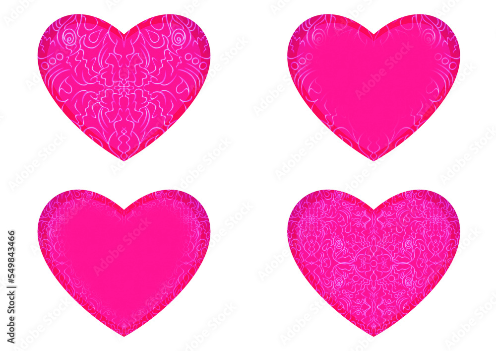 Set of 4 heart shaped valentine's cards. 2 with pattern, 2 with copy space. Neon plastic pink background and glowing pattern on it. Cloth texture. Hearts size about 8x7 inch / 21x18 cm (p07-1ab) Set of 4 heart shaped valentine's cards. 2 with pattern, 2 with copy space. Neon plastic pink background and glowing pattern on it. Cloth texture. Hearts size about 8x7 inch / 21x18 cm (p07-1ab)