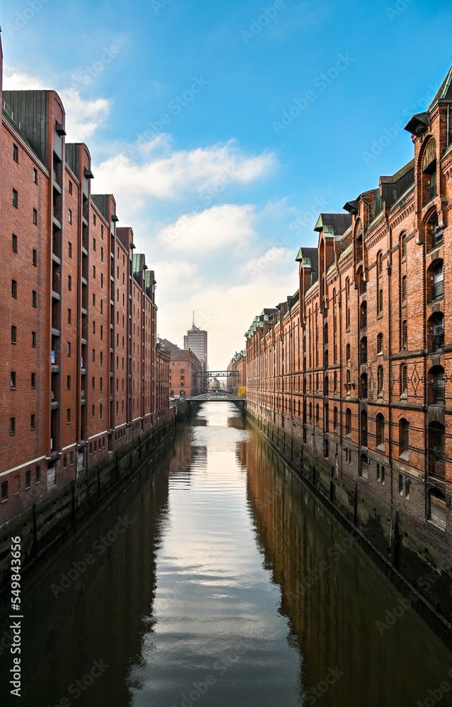 Canals in the Speicherstadt in Hamburg during the day