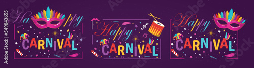 Carnival 2023 set. Collection of posters and banners for website. Bright mask with feathers, holiday and festival. Traditions and culture. Cartoon flat vector illustrations isolated on violet backdrop