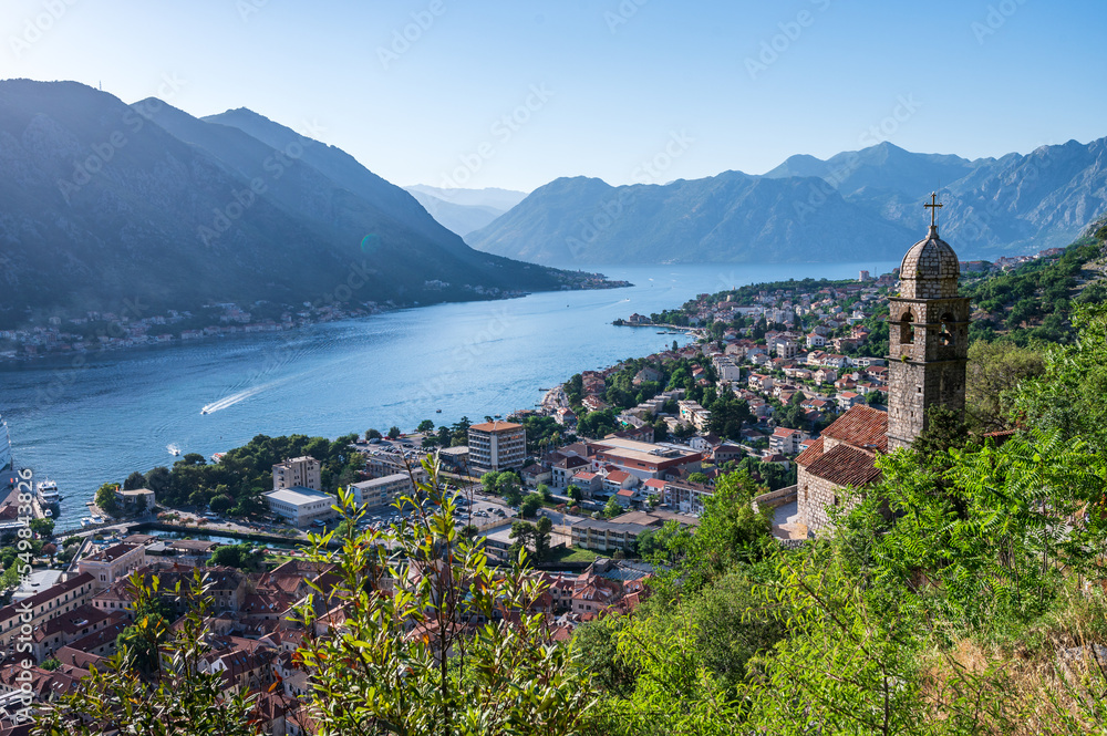 View on the old town of Kotor and its bay with the church of our lady of remedy