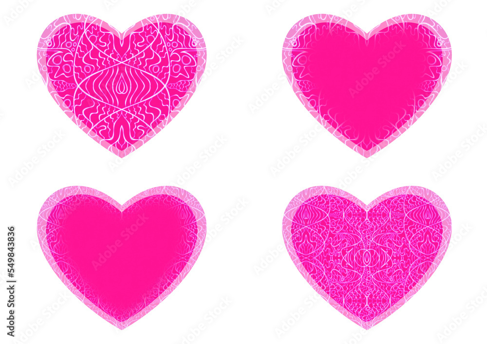 Set of 4 heart shaped valentine's cards. 2 with pattern, 2 with copy space. Neon plastic pink background and glowing pattern on it. Cloth texture. Hearts size about 8x7 inch / 21x18 cm (p02-2ab)