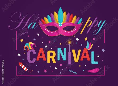 Carnival 2023 poster concept. Bright mask with feathers against background of stars and sparkles, cover for website. Holiday and festival, traditions and culture. Cartoon flat vector illustration