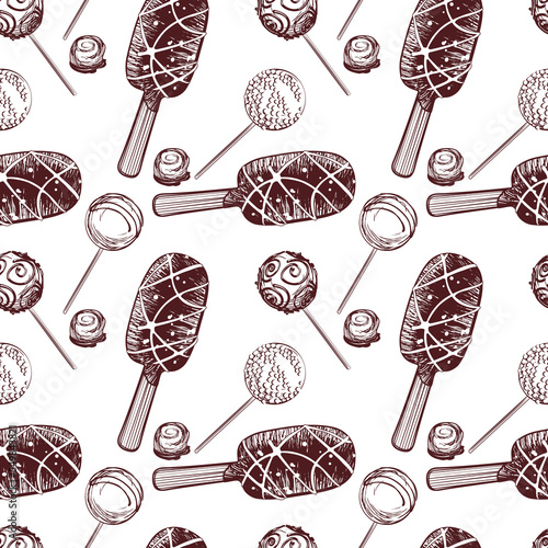 seamless pattern graphics of sweet food. popsicle, ice cream, cake pugs and candies. Black outlines sweets seamless  background for printing on wpapping paper and textiles.

