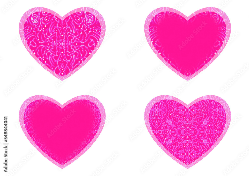Set of 4 heart shaped valentine's cards. 2 with pattern, 2 with copy space. Neon plastic pink background and glowing pattern on it. Cloth texture. Hearts size about 8x7 inch / 21x18 cm (p07-2ab)