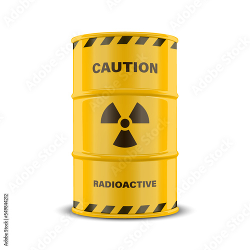 Vector 3d Realistic Yellow Barrel, Hazard Liquid. Caution, Radioactive, Hazardous Chemical Materials, Toxic Pollution, Danger Barrel with Nuclear Sign CLoseup Isolated. Front View