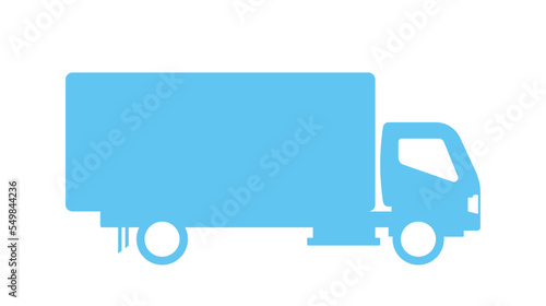 Blue truck icon. Sticker for social networks and messengers, large vehicle and car for transport of goods and international trade. Logistics and transportation. Cartoon flat vector illustration