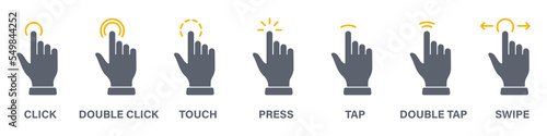 Hand Finger Touch, Swipe, Click, Press and Tap Silhouette Icon Set. Double Click and Tap Sign. Gesture Slide Left and Right Icon. Isolated Vector Illustration