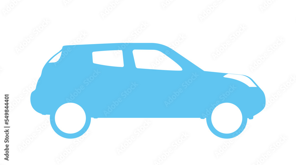 Blue car icon. Large vehicle for traveling with family, minimalist logotype for company or organization, branding. Poster or banner for website. Transport and hatchback. Flat vector illustration