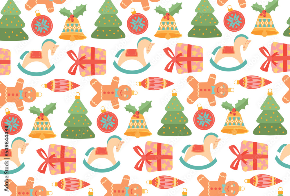 Christmas gingerbread seamless pattern. Repeating design element for printing on gift paper. Winter holidays, culture and traditions, New Year. Toys, balls and gifts. Cartoon flat vector illustration