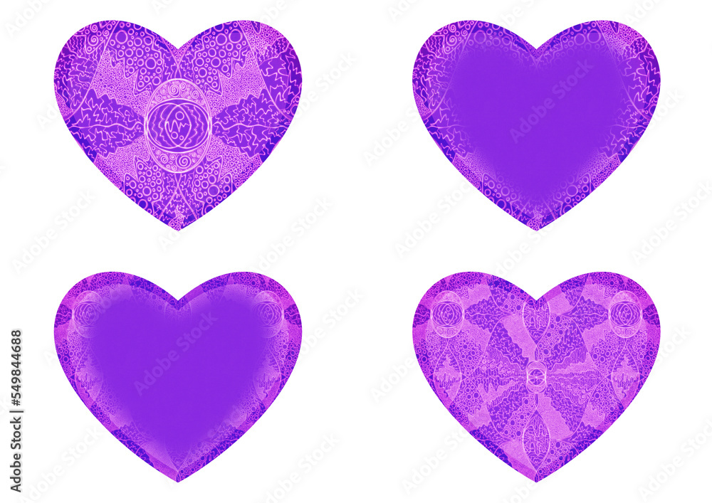 Set of 4 heart shaped valentine's cards. 2 with pattern, 2 with copy space. Neon proton purple background and glowing pattern on it. Cloth texture. Hearts size about 8x7 inch / 21x18 cm (p05ab)