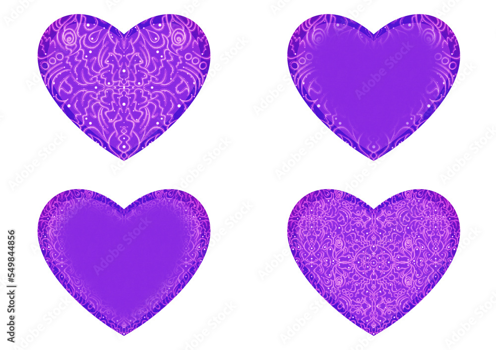Set of 4 heart shaped valentine's cards. 2 with pattern, 2 with copy space. Neon proton purple background and glowing pattern on it. Cloth texture. Hearts size about 8x7 inch / 21x18 cm (p07-2ab)