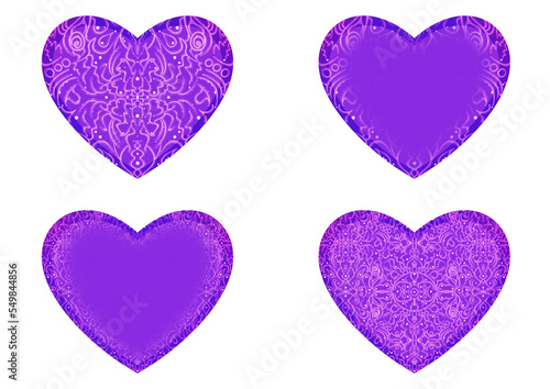 Set of 4 heart shaped valentine s cards. 2 with pattern  2 with copy space. Neon proton purple background and glowing pattern on it. Cloth texture. Hearts size about 8x7 inch   21x18 cm  p07-2ab 