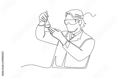 One continuous line drawing of boy added chemicals for research. Scientist concept. Single line draw design vector graphic illustration. Laboratory.