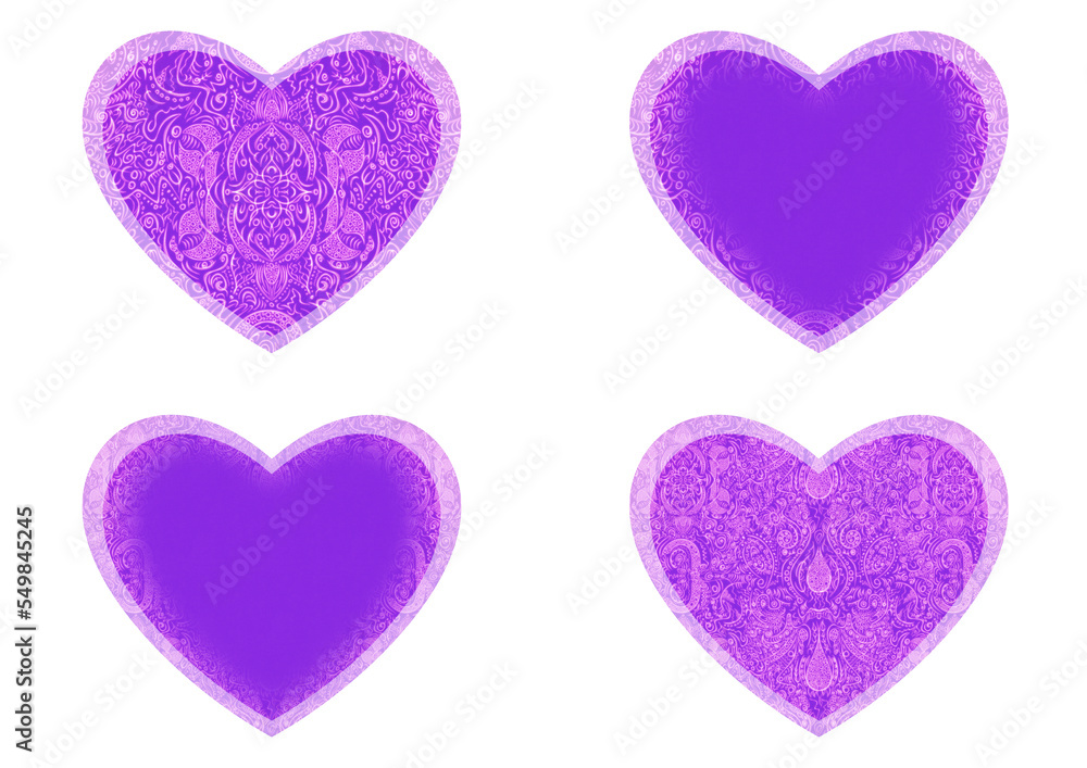 Set of 4 heart shaped valentine's cards. 2 with pattern, 2 with copy space. Neon proton purple background and glowing pattern on it. Cloth texture. Hearts size about 8x7 inch / 21x18 cm (p01ab)