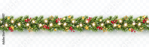 Border with green fir branches, gold stars, red berries, lights isolated on transparent background. Pine, xmas evergreen plants seamless banner. Vector Christmas tree garland decoration