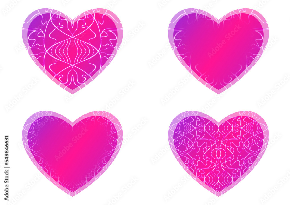 Set of heart shaped valentine's cards. 2 with pattern, 2 with copy space. Neon gradient plastic pink to proton purple, glowing pattern on it. Cloth texture. Heart size 8x7 inch / 21x18 cm (p02-1ab)