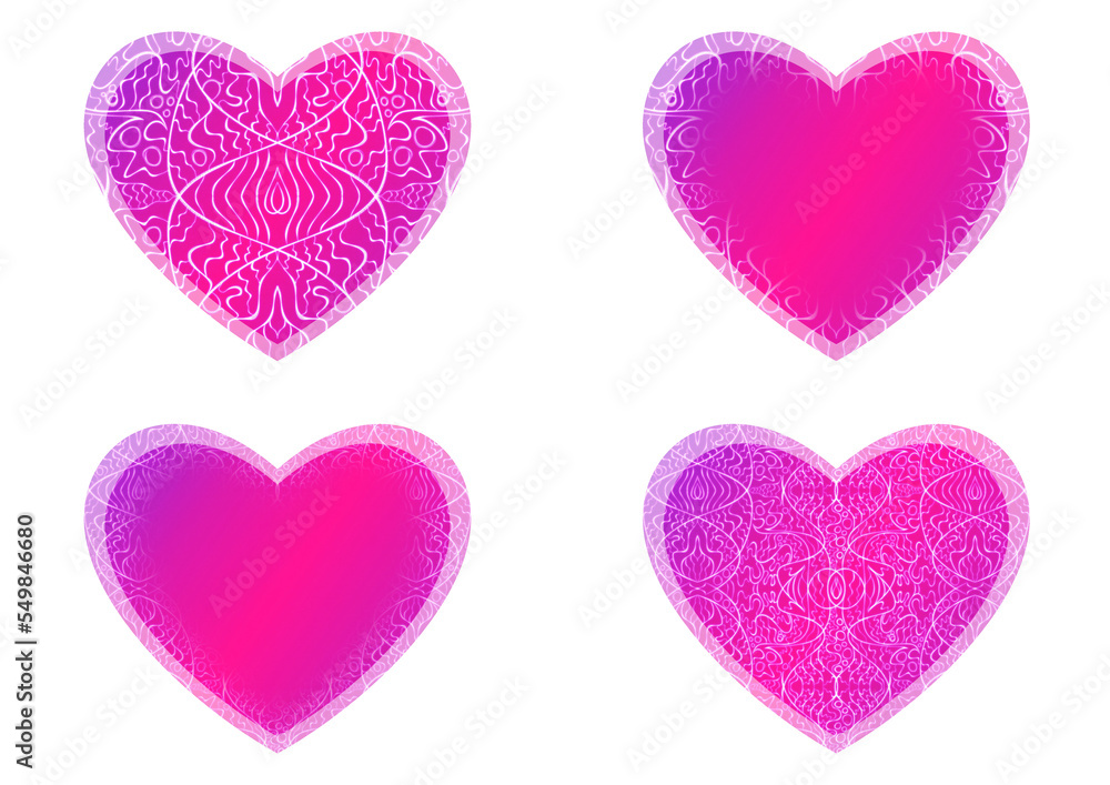 Set of heart shaped valentine's cards. 2 with pattern, 2 with copy space. Neon gradient plastic pink to proton purple, glowing pattern on it. Cloth texture. Heart size 8x7 inch / 21x18 cm (p02-2ab)