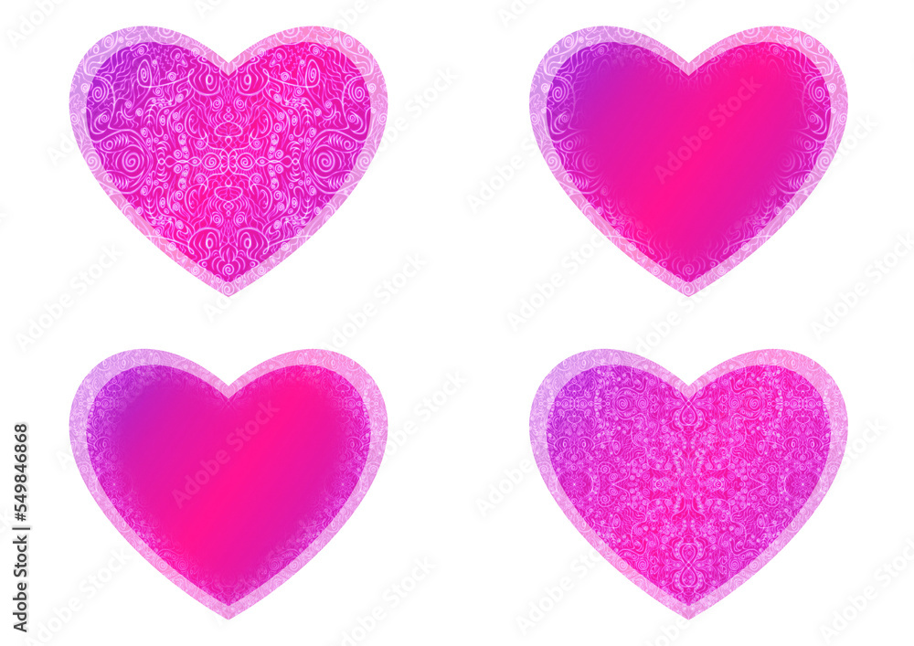 Set of heart shaped valentine's cards. 2 with pattern, 2 with copy space. Neon gradient plastic pink to proton purple, glowing pattern on it. Cloth texture. Heart size 8x7 inch / 21x18 cm (p06ab)