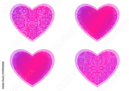 Set of heart shaped valentine's cards. 2 with pattern, 2 with copy space. Neon gradient plastic pink to proton purple, glowing pattern on it. Cloth texture. Heart size 8x7 inch / 21x18 cm (p06ab)