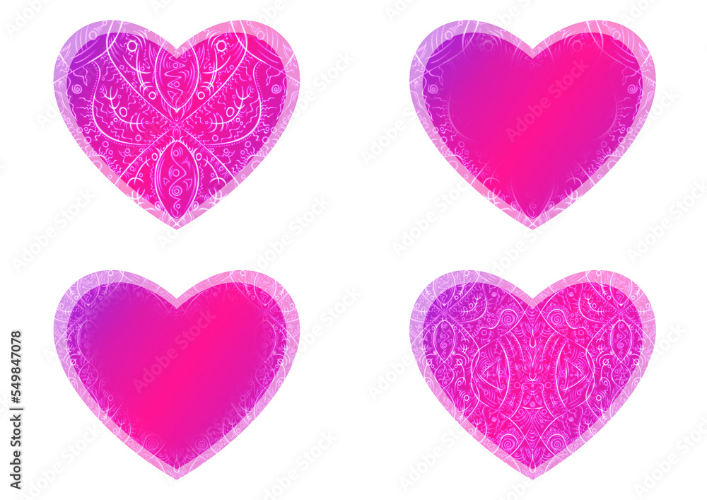Set of heart shaped valentine's cards. 2 with pattern, 2 with copy space. Neon gradient plastic pink to proton purple, glowing pattern on it. Cloth texture. Heart size 8x7 inch / 21x18 cm (p08-2ab)