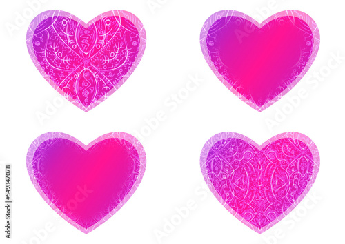 Set of heart shaped valentine s cards. 2 with pattern  2 with copy space. Neon gradient plastic pink to proton purple  glowing pattern on it. Cloth texture. Heart size 8x7 inch   21x18 cm  p08-2ab 