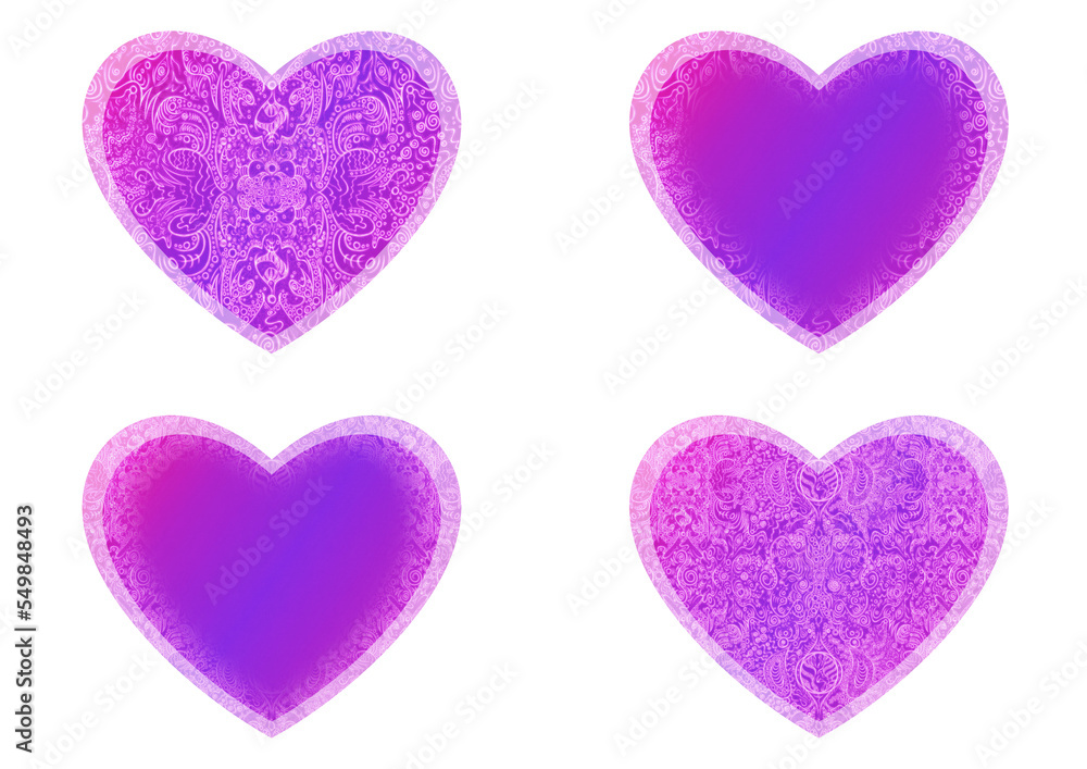 Set of heart shaped valentine's cards. 2 with pattern, 2 with copy space. Neon gradient proton purple to plastic pink, glowing pattern on it. Cloth texture. Heart size 8x7 inch / 21x18 cm (p04ab)