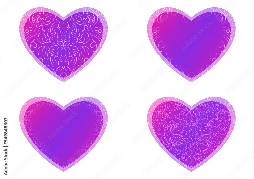 Set of heart shaped valentine's cards. 2 with pattern, 2 with copy space. Neon gradient proton purple to plastic pink, glowing pattern on it. Cloth texture. Heart size 8x7 inch / 21x18 cm (p07-1ab)