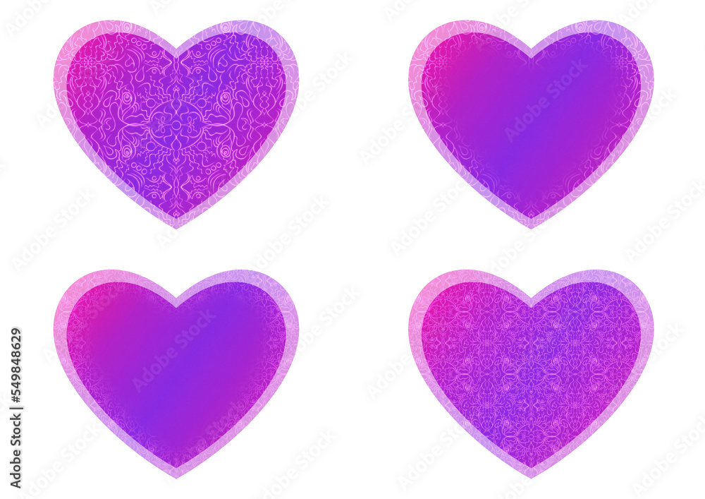 Set of heart shaped valentine's cards. 2 with pattern, 2 with copy space. Neon gradient proton purple to plastic pink, glowing pattern on it. Cloth texture. Heart size 8x7 inch / 21x18 cm (p07-1bc)