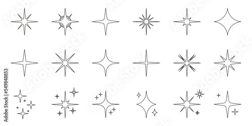 Sparkle Star Line Icon Set. Glow Spark Flash Stars Black Outline Collection. Shine Burst Magic Decoration Symbol. Glistering Effect Light. Twinkle Flare. Isolated Vector Illustration