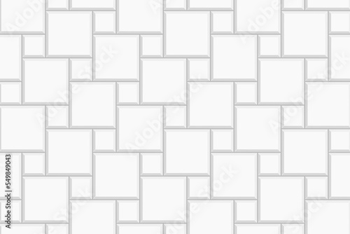 White tile hopscotch background. Stone or ceramic brick wall pattern. Kitchen backsplash mosaic surface. Bathroom, shower or toilet floor decoration. Pavement texture. Vector flat illustration