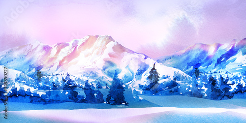 Panorama of snow mountain landscape with blue sky and winter forest, snow covered trees, ski resort, travel concept, Alpine Alps mountain, hand drawn watercolor illustration on white background