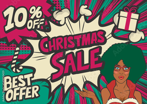 10%off Winter sale typography pop art background, an explosion in comic book style. Sexy woman in glasses with a Santa clause costume.