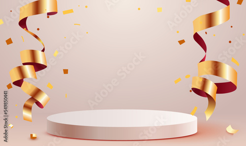 Abstract scene background. Cylinder podium background with confetti and ribbons. Product presentation, mock up, show cosmetic product, Podium, stage pedestal or platform. Vector illustration