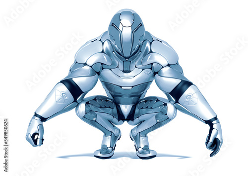 sci fi astronaut cartoon doing a squatting pose in a white background