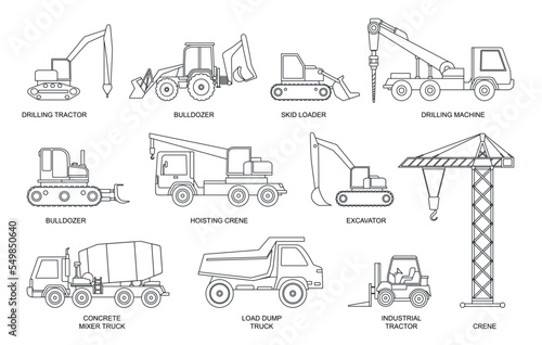 Construction machinery icons set. Collection of graphic elements for website. Machines and transport. Bulldozer, loader and crane. Cartoon flat vector illustrations isolated on white background
