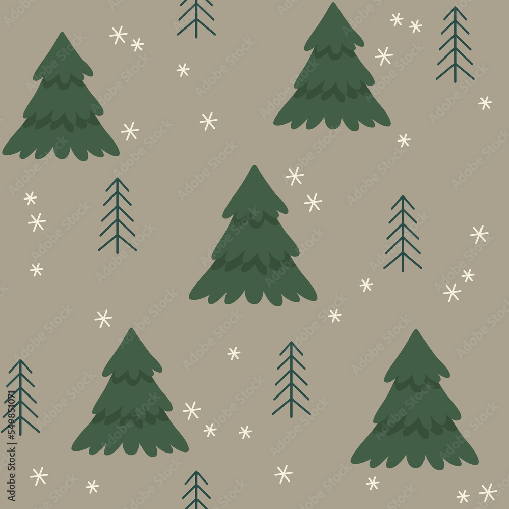 Vector Christmas seamless pattern with Christmas green fir trees on a gray background. Perfect for print, wrapping paper, wallpaper, fabric, kids room design.