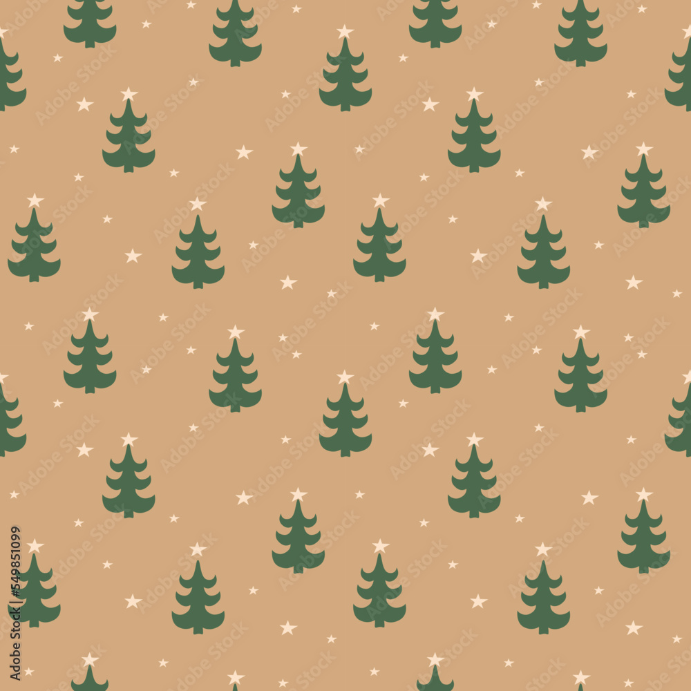 Vector Christmas seamless pattern with Christmas green fir trees on brown background. Perfect for print, wrapping paper, wallpaper, fabric, kids room design. Vector Christmas seamless pattern with Christmas green fir trees on brown background. Perfect for print, wrapping paper, wallpaper, fabric, kids room design.
