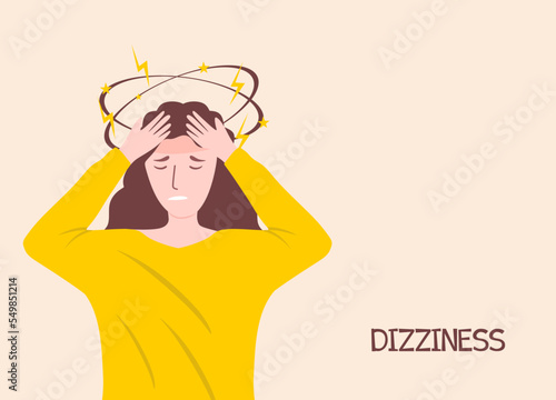 A lovely young girl is experiencing dizziness. Portrait of a cute young woman feeling dizziness. Unhappy girl feels dizzy. Lady suffers symptom of cold. Flat cartoon vector illustration.