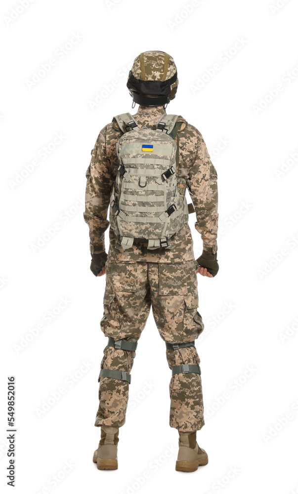 Soldier in Ukrainian military uniform with tactical goggles and backpack on white background, back view Soldier in Ukrainian military uniform with tactical goggles and backpack on white background, back view