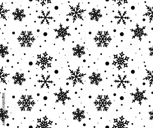 Snowflake black line seamless pattern. Winter ornate ice star background. Linear snow flakes repeat ornament. Xmas paper wrap, fabric print, wallpaper decor. Frosty Christmas New Year wrapping paper