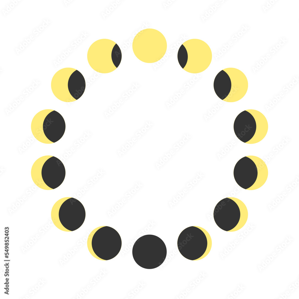 Calendar lunar cycle. Moon phases. Waning and waxing Luna shapes isolated on white background. Celestial objects. Astrology concept. Vector flat illustration Calendar lunar cycle. Moon phases. Waning and waxing Luna shapes isolated on white background. Celestial objects. Astrology concept. Vector flat illustration