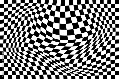 Distorted chequered chessboard background. Vaporing, stretching, deeping effect. Psychedelic pattern with warped black and white squares. Race flag texture. Trippy checkerboard