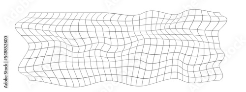 Mesh warp texture. Distorted grid. Rectangle net with deformation. Checkered pattern with optic illusion effect. Bented lattice surface isolated on white background