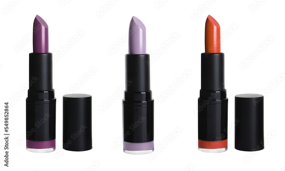 Set with different beautiful lipsticks on white background Set with different beautiful lipsticks on white background