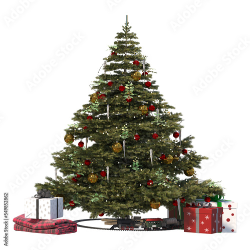 3d rendering of a decorated christmas tree with gifts under the xmas tree isolated on transparent background photo