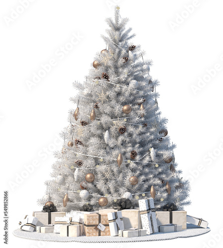 3d rendering of decorated faux silver christmas tree with gifts under xmas tree isolated on transparent background photo