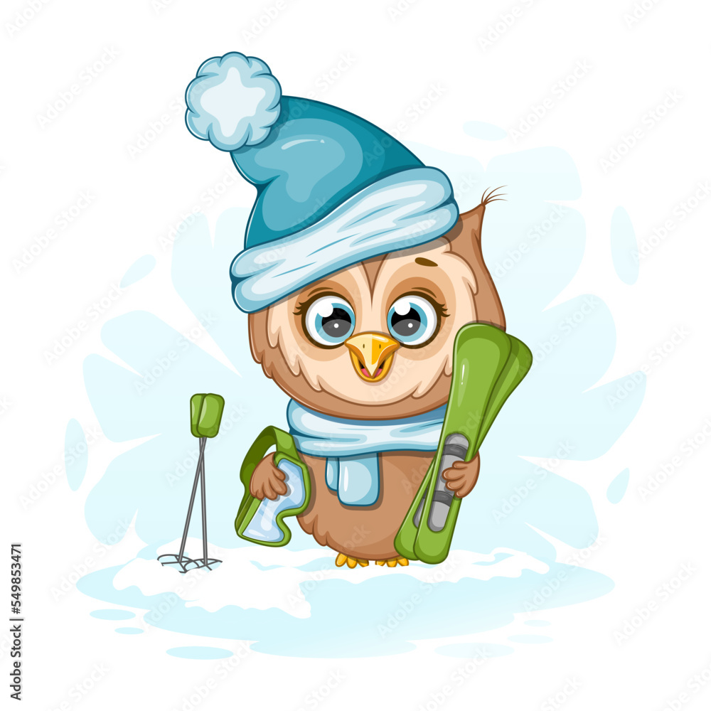 Fototapeta premium Cartoon cute owl with skis