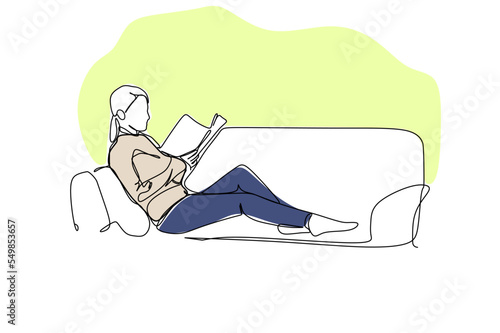 An adult female relax on the couch and reads a book. One continuous line drawing hand drawn design type for hygge concept