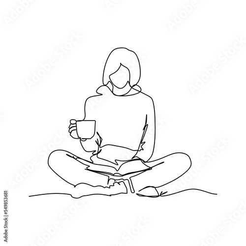 Hygge life style. One line drawing of a girl rinks a cup of coffee and reads a book. Drawing design Concept for Mood of coziness and comfortable conviviality with feeling of wellness and contentment.