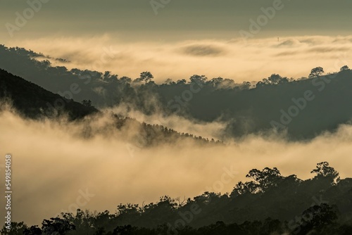 Mesmerizing foggy scene over Mount Ainslie Hill at sunset in Australia photo